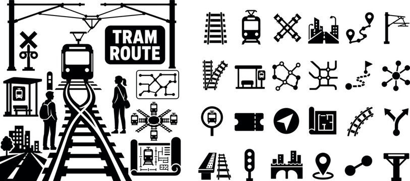 Rail Tram Infrastructure. Clean solid filled banner composition of rail and tram transit infrastructure with two commuters beside an oversized tram track switch and large overhead wire structure