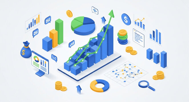 Business growth and financial analysis isometric illustration.