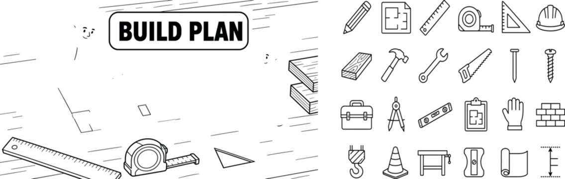 Construction Pencil Tool. Clean outline line art banner showing construction drafting and pencil tool design on a work surface, with 2 builder characters maximum spread across the full canvas, one