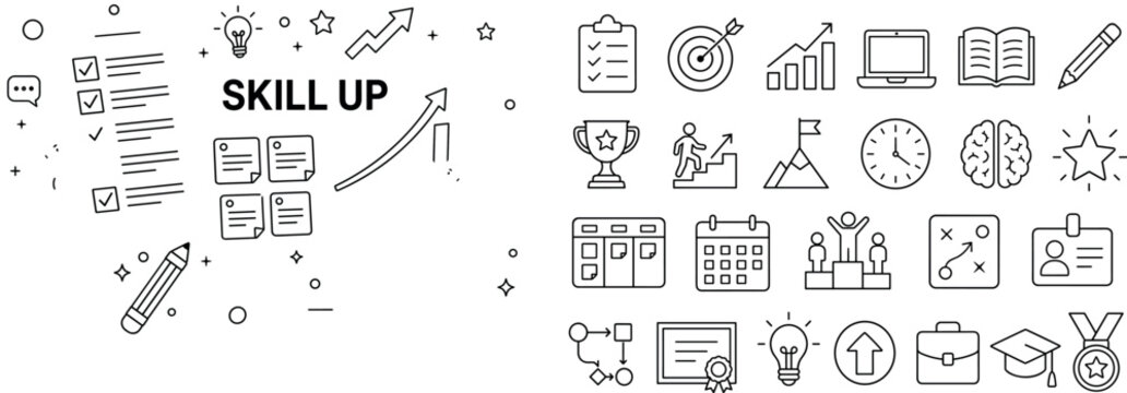 Professional Skill Growth. Clean outline line art banner showing career productivity and learning progress in a modern workspace, with 2 office characters reaching toward goals, one oversized