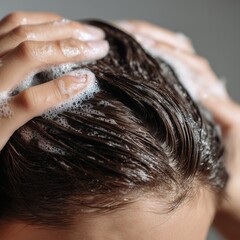Naklejka premium 泡立てて髪を洗っている手元のアップ。ヘアケアやシャンプーのイメージ素材
