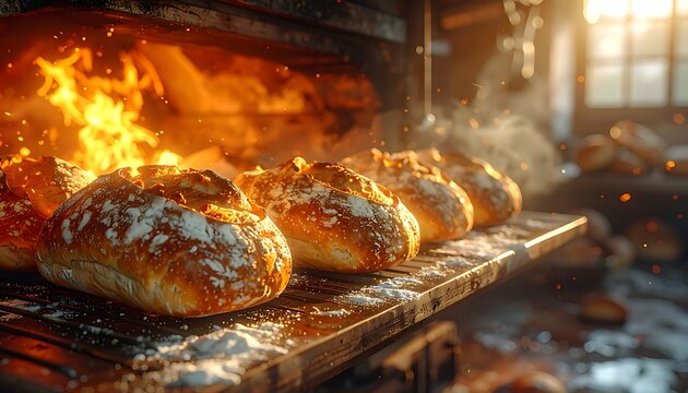 Freshly baked bread on a wooden peel.