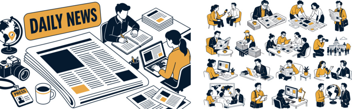 Newspaper Media Press banner showing a modern news publishing scene, two journalists preparing a daily newspaper story beside an oversized folded newspaper page and large newsroom desk reaching all