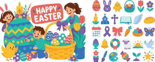 Fototapeta premium Happy Easter Celebration banner with two cheerful children and one smiling adult decorating an oversized Easter egg and giant woven basket across the full canvas, rabbit ears touching left edge,