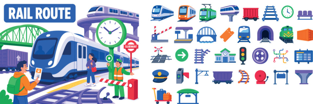 Railroad Railway Transport banner scene with three commuters and rail staff interacting around oversized commuter train and giant station clock, one holding ticket, one waiting on platform, one