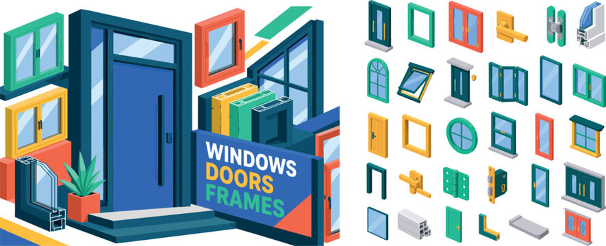 Windows Doors Frames, oversized front door with bold geometric depth, stacked frame blocks and diagonal glass surfaces, asymmetric editorial layout, electric blue and coral with warm yellow, mint, and