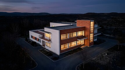 Fototapeta premium Modern contemporary house design at twilight in rural landscape