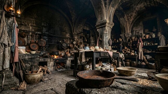 Rustic kitchen setting with antique cooking tools and pots