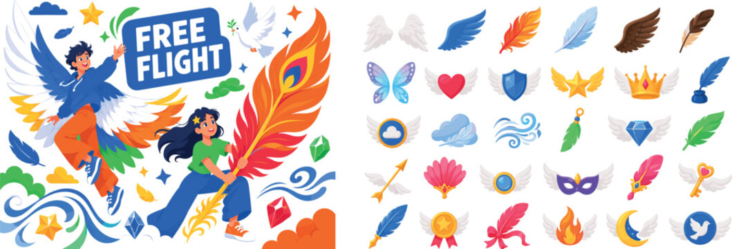 Fantasy Wing Flight banner scene, two expressive stylized human characters arranging oversized feathered wings and a giant phoenix feather, with small cloud, star, dove, wind swirl, and sky gem