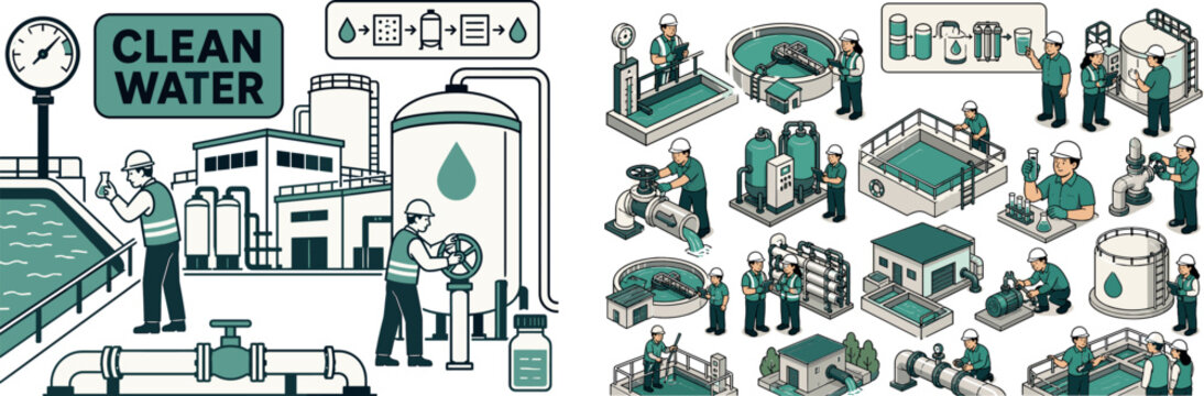 Water Treatment Facility banner, clean focused water infrastructure scene with two engineers beside a large oversized filtration tank and a large purification facility building, one character checking
