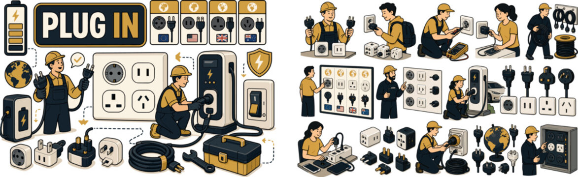 Power Plug Standards banner, clean focused global charging scene with two electricians beside a large oversized wall outlet panel and a large adapter cable set, one character comparing European and