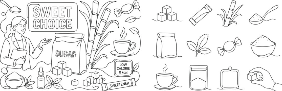 Sugar Sweetener Products Banner. Clean one-line drawing banner composition showing a sugar and sweetener product scene with one nutritionist beside a large oversized sugar cube bag and oversized