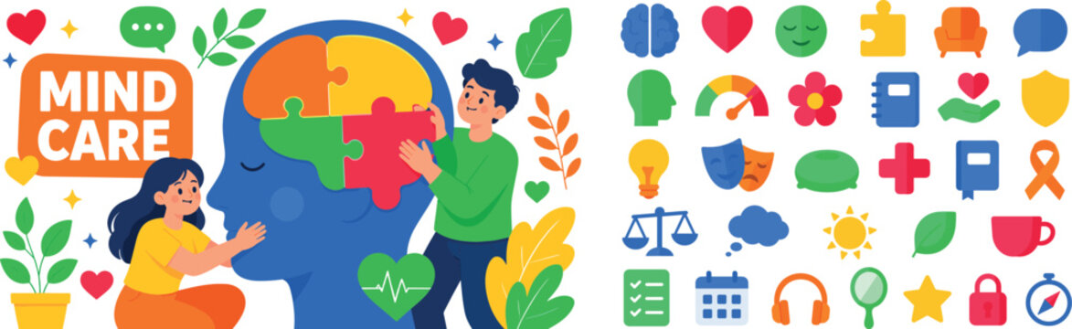 Mind Care Balance banner scene, two expressive stylized human characters gently supporting a large head silhouette and oversized brain puzzle pieces, with small heart, leaf, speech bubble, and sparkle