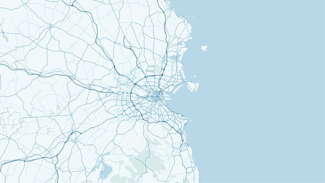 Modern minimalist vector map of Dublin, Ireland. High-quality scalable illustration of Dublin city grid, River Liffey, Dublin Bay, and urban infrastructure for posters and design.