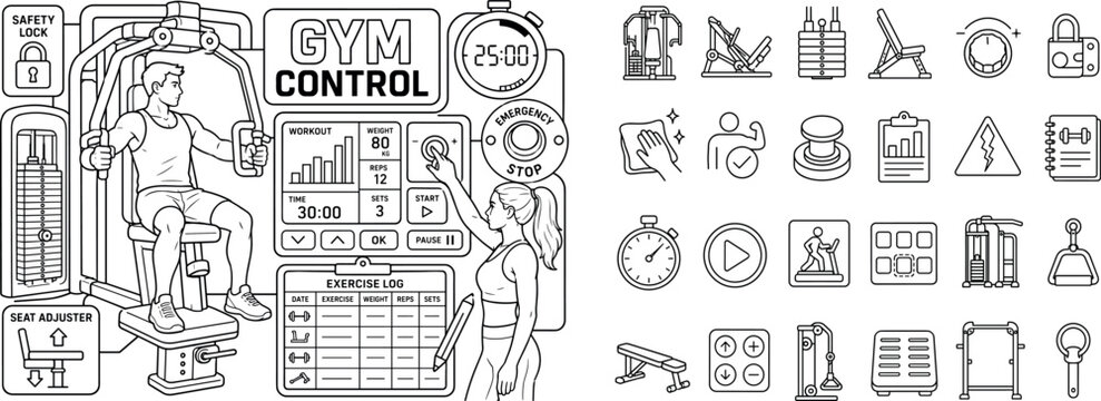 Fitness Machine Controls. Clean outline line art banner showing a gym fitness machine control scene with one oversized chest press machine and one oversized control panel stretching across the canvas,