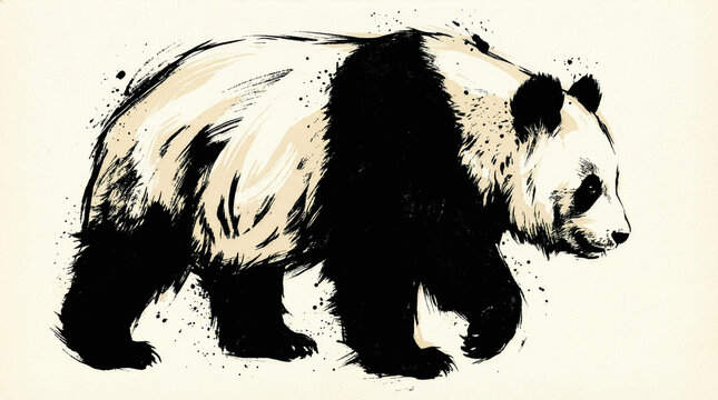 An artistic black ink illustration of a giant panda walking against a textured beige background