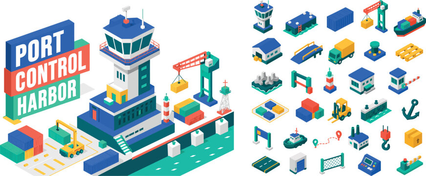 Port Control Harbor, oversized control tower with bold geometric depth, stacked dock blocks and diagonal container surfaces, asymmetric editorial layout, electric blue and coral with warm yellow,