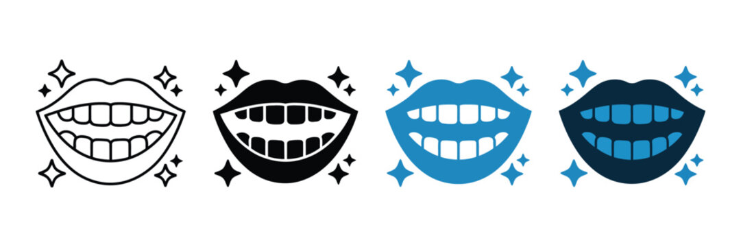 Set of four minimalist dental hygiene icons featuring clean sparkling teeth and lips in black and blue vector line art styles for dentistry