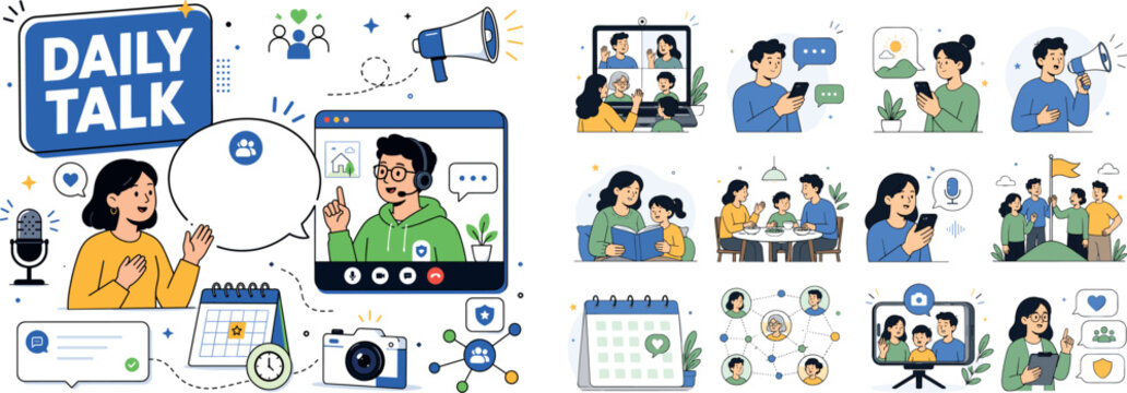 Communication Family Chat. Clean editorial banner with one main connected conversation scene: a family member and community moderator sharing updates around an oversized speech bubble and a large