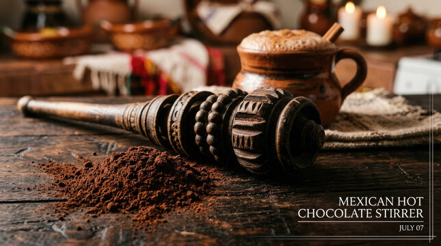 Traditional mexican hot chocolate stirrer and cocoa powder with carved wood kitchen utensil food prepara