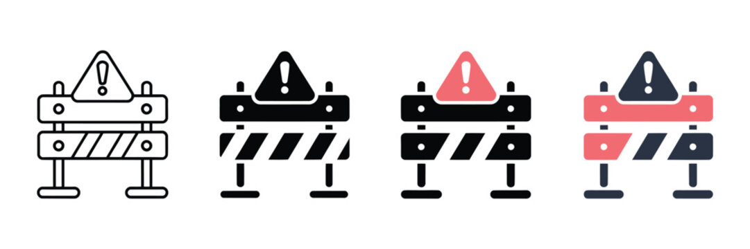 Road construction barrier icons set featuring warning signs and striped safety barricades in various graphic styles for site safety