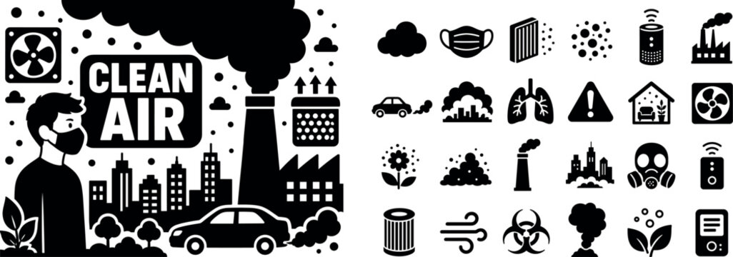 Air Pollution Control. Banner with person wearing mask near city skyline, oversized smog cloud and oversized factory chimney, small elements car exhaust filter fan particles filling edges, bold