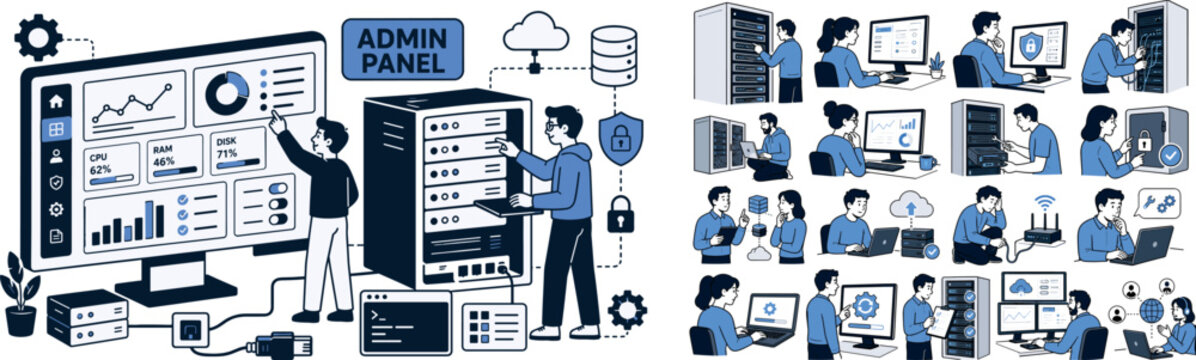 Modern Flat Series System Admin banner with two admins interacting with oversized computer dashboard and server console, settings and security elements filling edges, bold uppercase text ADMIN PANEL