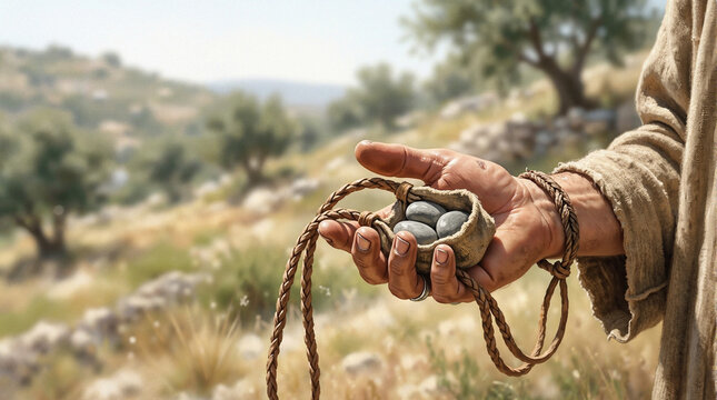 David and Goliath slingshot with smooth stones in hand, depicting biblical scene of courage and faith. David uses slingshot technique with stones ready for battle against fearsome giant.
