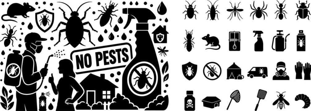 Pest Control Service. Banner with technician spraying and homeowner, oversized bug and oversized spray bottle, small elements rat termite shield droplets filling edges, bold uppercase text "NO PESTS"