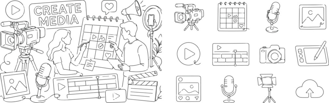 Content Creation Media. Clean one-line drawing banner composition showing oversized video camera and large content calendar with 2 creators planning media posts, scattered microphone, photo frame,