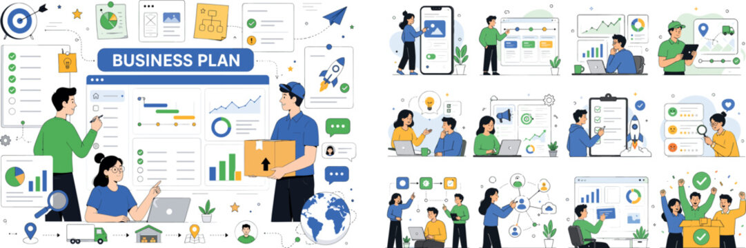 Modern Business Systems Banner. Business development scene showing planning, UI UX, productivity, logistics, analysis, and communication, with three geometric characters around a large oversized