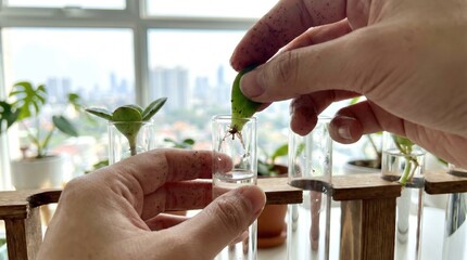 Fototapeta premium Hands placing small succulent leaf cutting with roots into glass test tube for water propagation