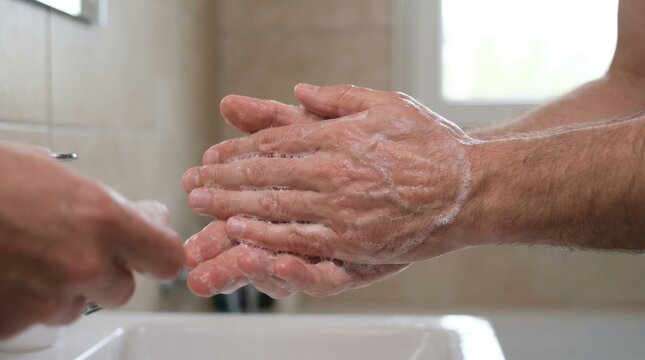 Close up of hands washing thoroughly with thick soap lather over white bathroom sink