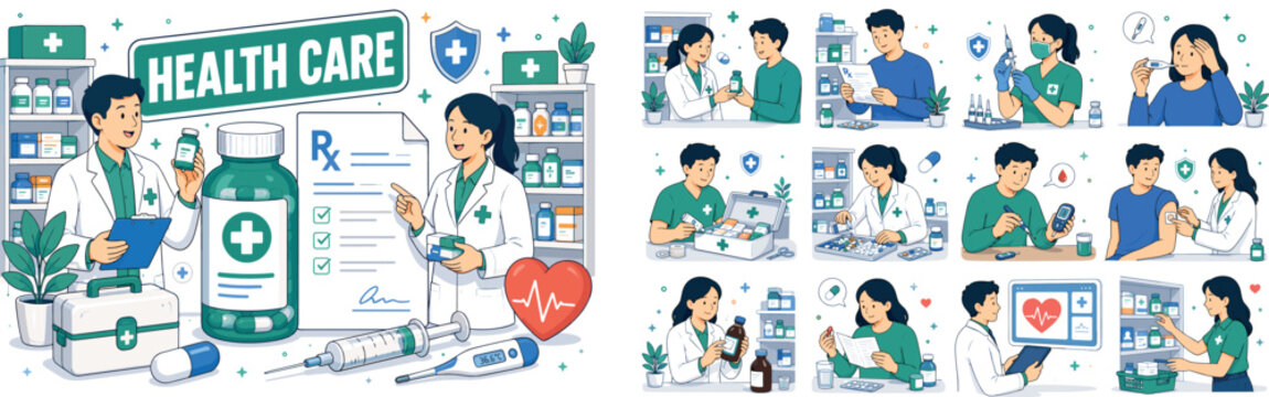 Pharmacy Health Care. Clean editorial banner with one wide drugstore service scene: two geometric pharmacists standing beside an oversized medicine bottle and a large prescription form, with heart