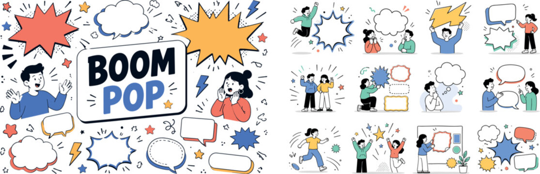Comic Splash Elements. Banner scene of energetic comic action with two geometric characters reacting to an oversized boom splash and a giant flash burst, blank bubbles, motion lines, star sparks,