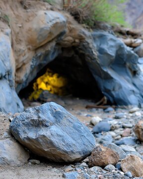 Uranium Mine Entrance With Rocks in the Foreground and Light Visible Inside
