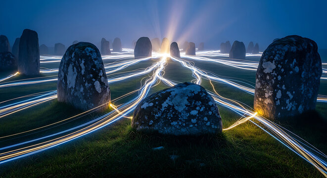 Digital Security and HIPAA Compliance Concept with Glowing Light Trails Connecting Protected Data Nodes in a Mysterious Standing Stone Circle