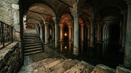 Naklejka premium Ancient Underground Cistern with Arches and Columns, Illuminated by Light.