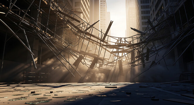 Dramatic collapse of a scaffolding roof and metal structure in a city street depicting a major construction scaffolding accident with dust debris and safety risks