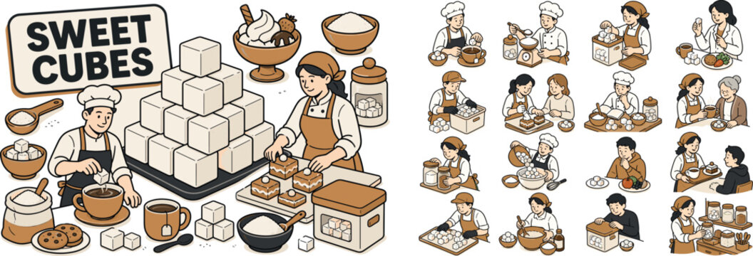 Sugar Cube Stack banner, clean focused food ingredient scene with two kitchen workers beside a large oversized stack of sugar cubes and a large baking prep table, one character adding cube to cup, one