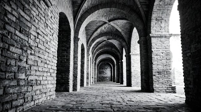Long vaulted hallway perspective through ancient brick architecture