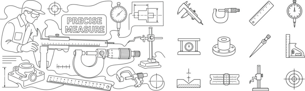 Caliper Metrology Precision Banner. Clean one-line drawing banner composition showing an engineering measurement scene with one technician beside a large oversized vernier caliper and oversized