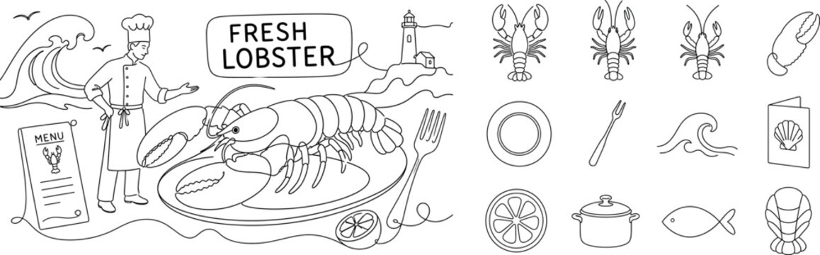 Lobster Seafood Delicacy Banner. Clean one-line drawing banner composition showing a seafood dining scene with one cook beside a large oversized lobster and oversized dinner plate, small details of