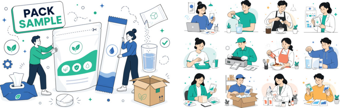 Sachet Pack Products. Clean editorial banner with one wide sachet packaging scene: two geometric product designers arranging an oversized sachet pouch and a large soluble powder stick pack, with sugar