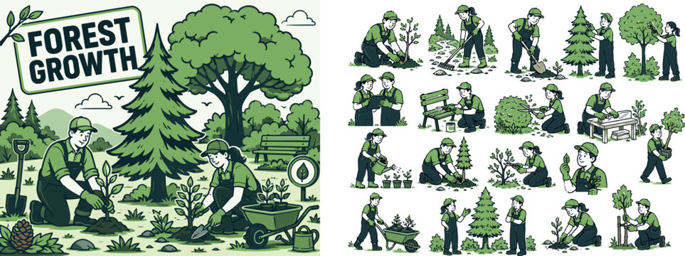 Tree Forest Ecology Banner scene about tree forest, nature growth and ecosystem care, 2 expressive park caretakers planting around one oversized conifer tree and one giant deciduous tree canopy,