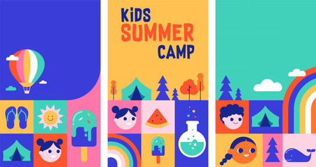 Plakat Geometric kids summer camp vertical poster templates with fun activities icons. Colorful summer background vector illustration.