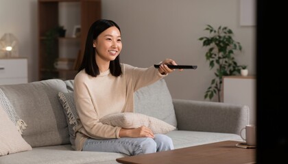 Obraz premium Woman Watching Television Sitting on Couch in Living Room with Remote Control