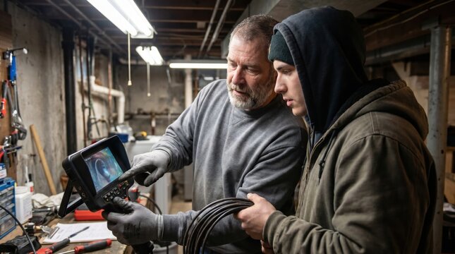 Plumber showing apprentice video inspection camera screen while inspecting pipes in basement