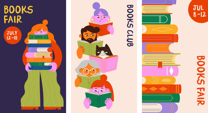 Book club and book fair colorful vertical poster and banner templates. Doodles series for book festival, bookshop and back to school designs