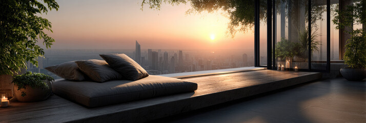 Fototapeta premium Rooftop terrace offering panoramic city views at sunrise, tranquil outdoor living space ideal for relaxation and mindful urban escape, featuring a comfortable daybed